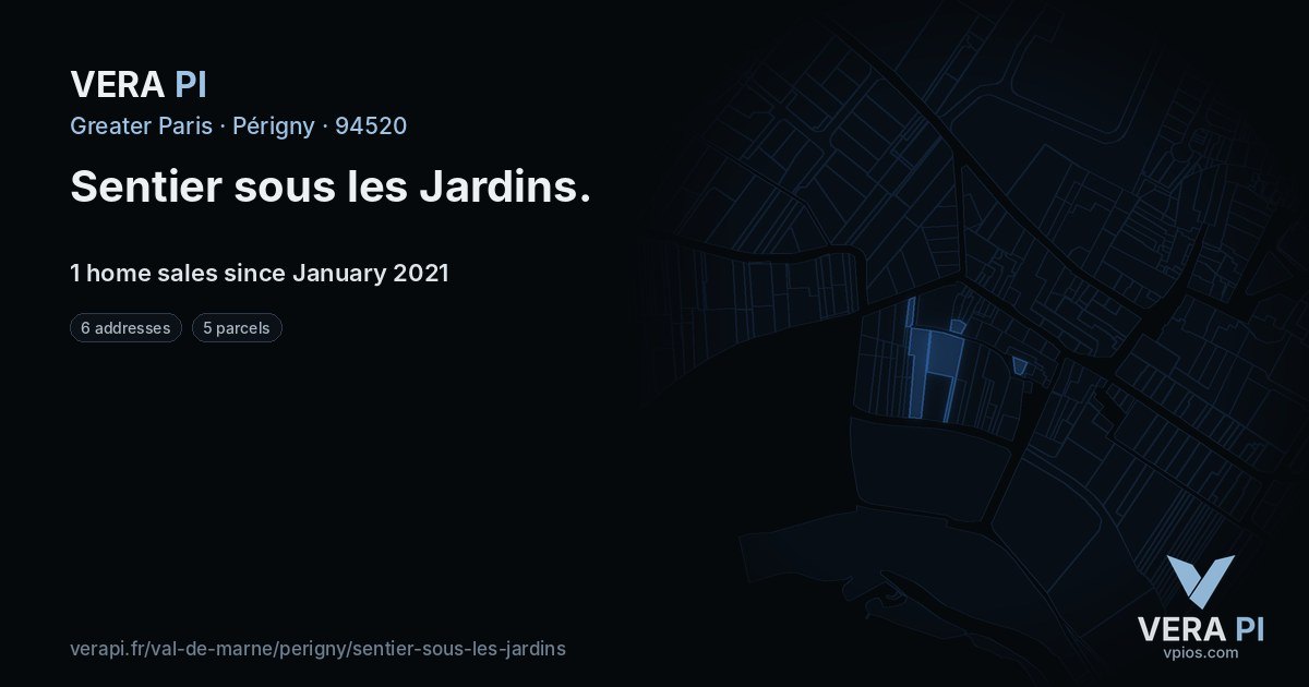 Sentier sous les Jardins, Périgny at night – every parcel coloured by the prices around it, the street's own parcels lit
