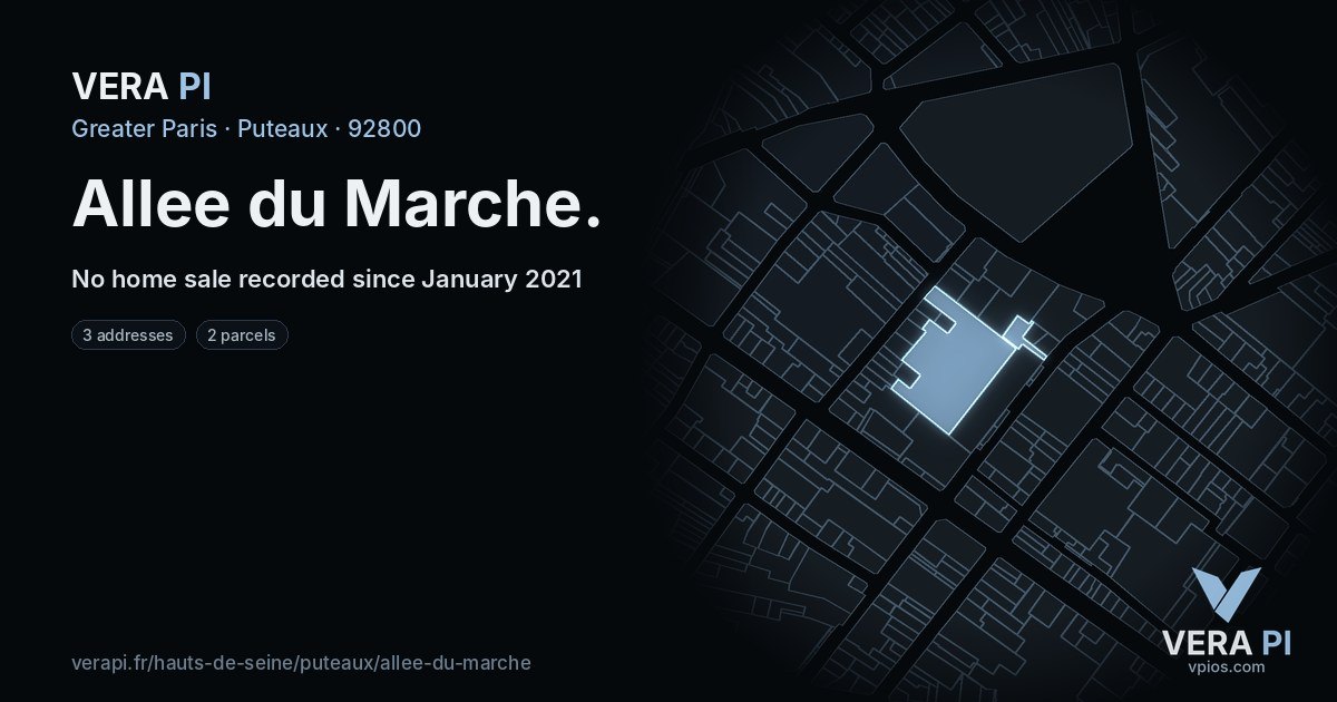 Allee du Marche, Puteaux at night – every parcel coloured by the prices around it, the street's own parcels lit