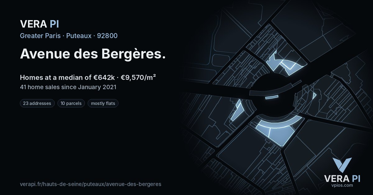 Avenue des Bergères, Puteaux at night – every parcel coloured by the prices around it, the street's own parcels lit