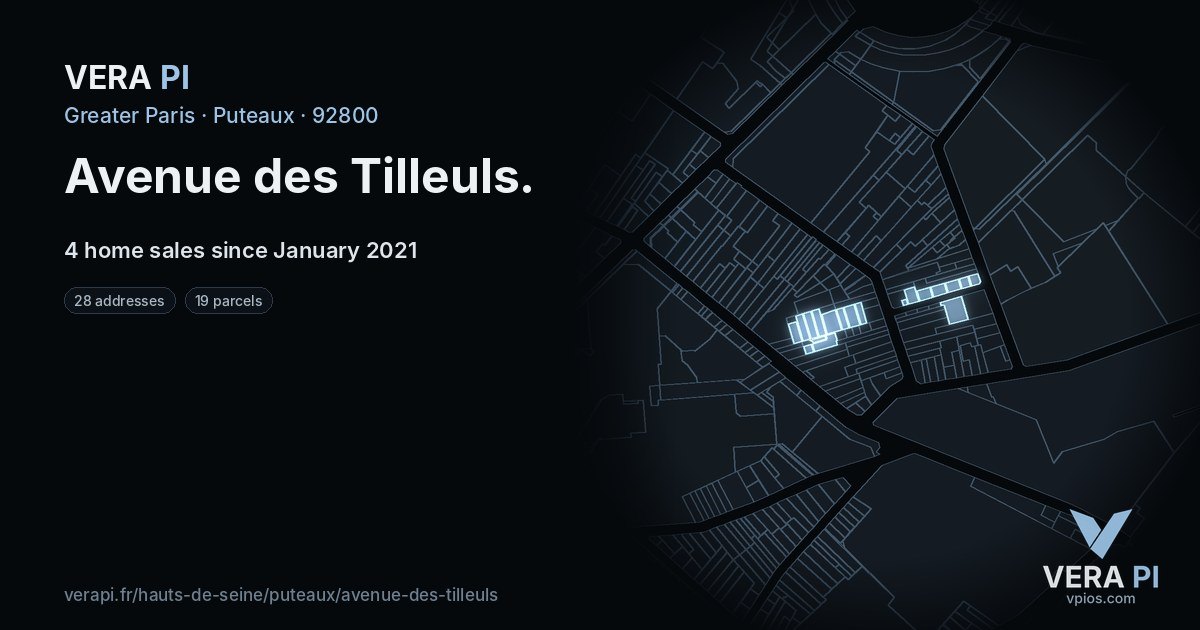 Avenue des Tilleuls, Puteaux at night – every parcel coloured by the prices around it, the street's own parcels lit