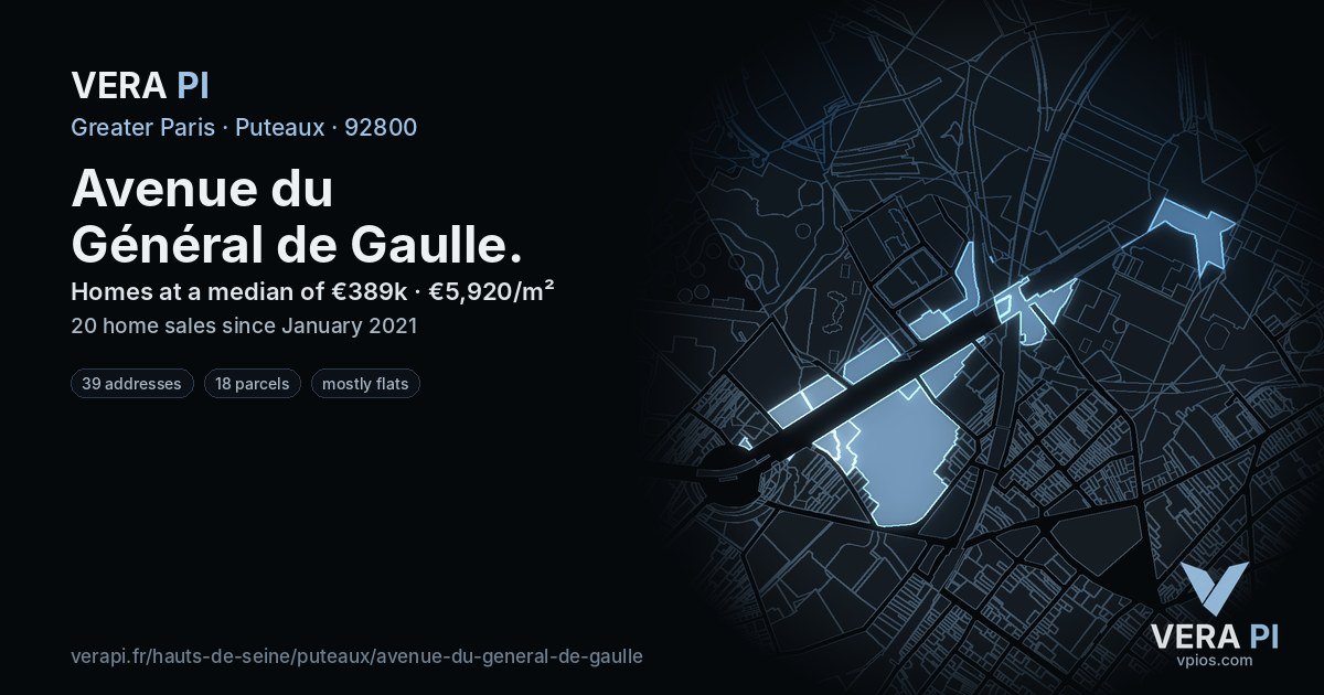 Avenue du Général de Gaulle, Puteaux at night – every parcel coloured by the prices around it, the street's own parcels lit