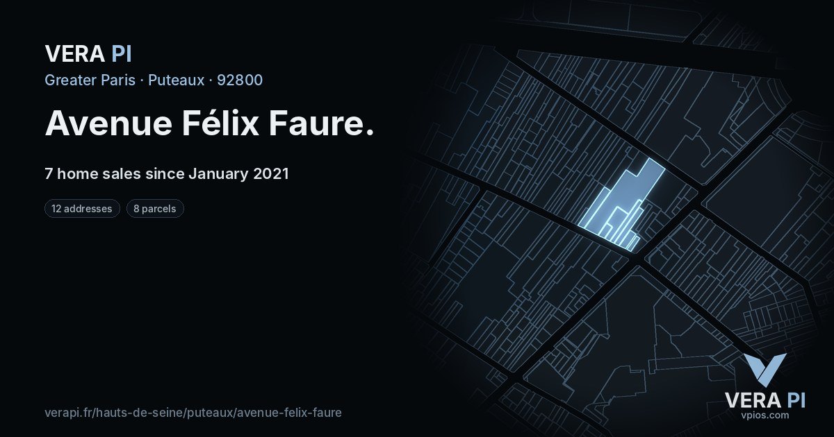 Avenue Félix Faure, Puteaux at night – every parcel coloured by the prices around it, the street's own parcels lit