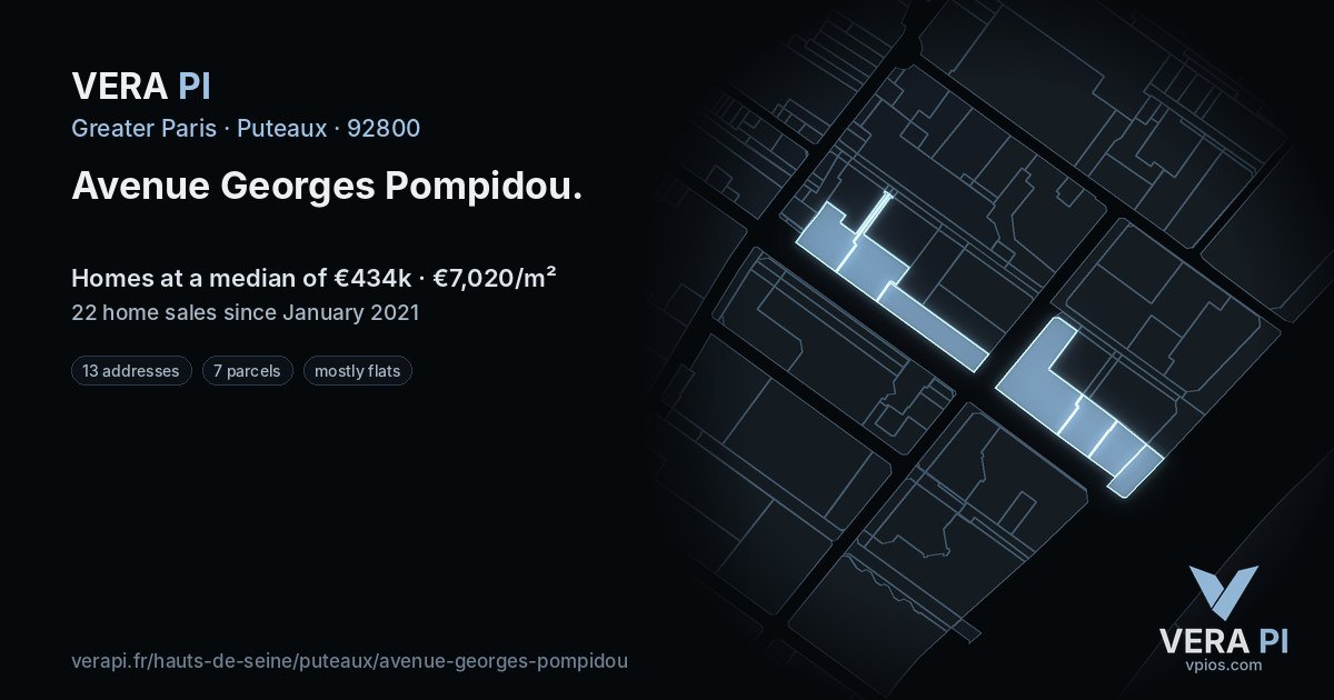 Avenue Georges Pompidou, Puteaux at night – every parcel coloured by the prices around it, the street's own parcels lit
