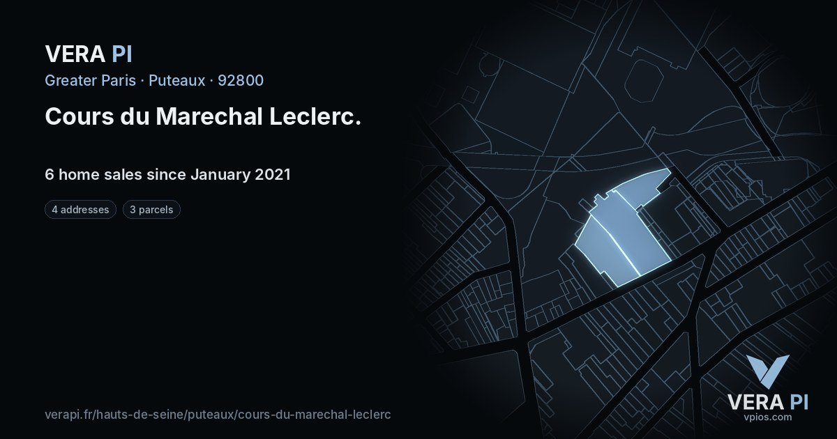 Cours du Marechal Leclerc, Puteaux at night – every parcel coloured by the prices around it, the street's own parcels lit