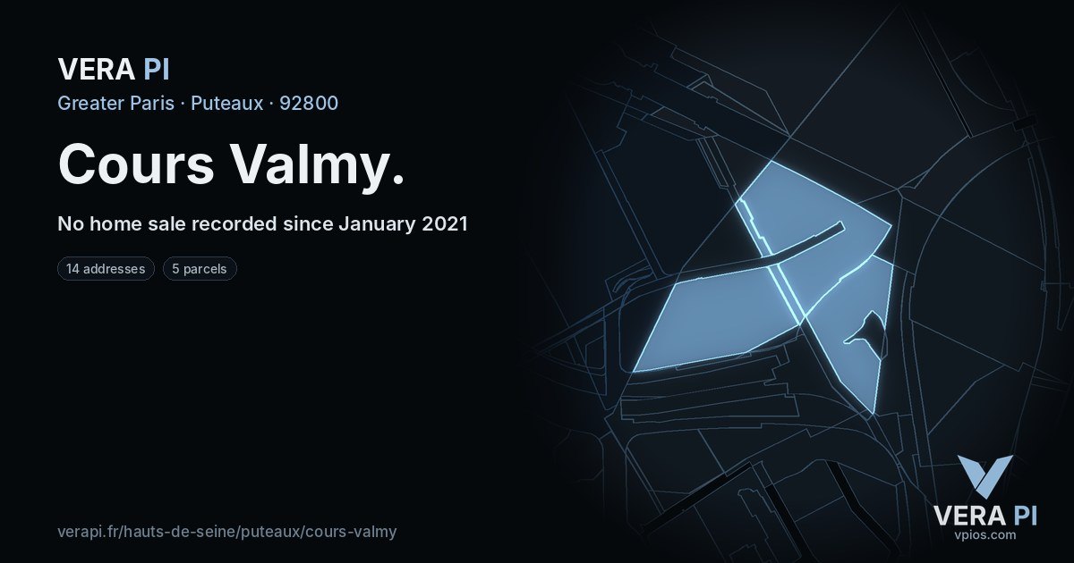 Cours Valmy, Puteaux at night – every parcel coloured by the prices around it, the street's own parcels lit