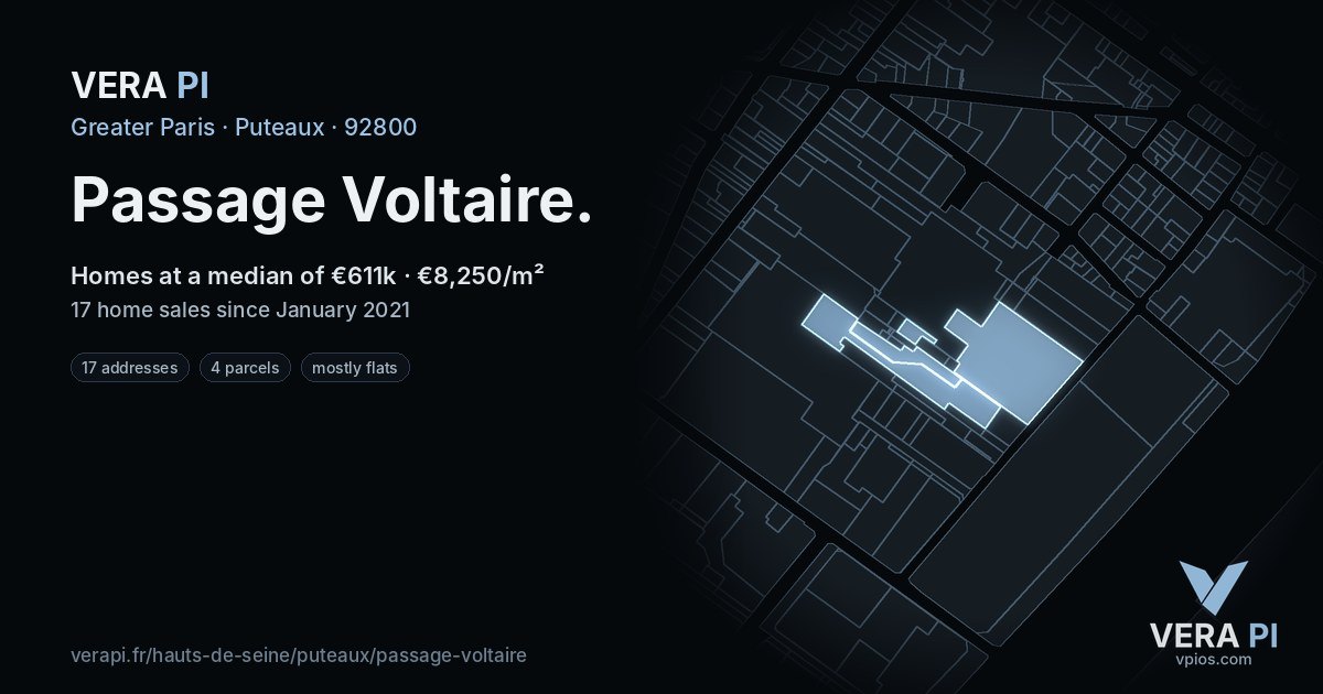 Passage Voltaire, Puteaux at night – every parcel coloured by the prices around it, the street's own parcels lit
