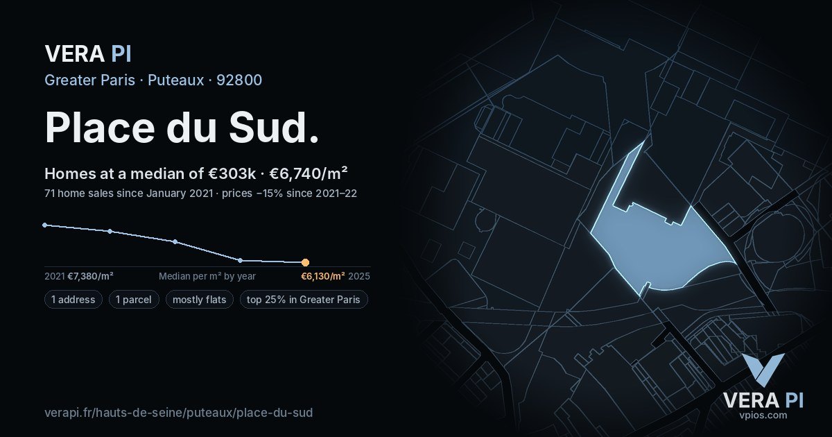 Place du Sud, Puteaux at night – every parcel coloured by the prices around it, the street's own parcels lit