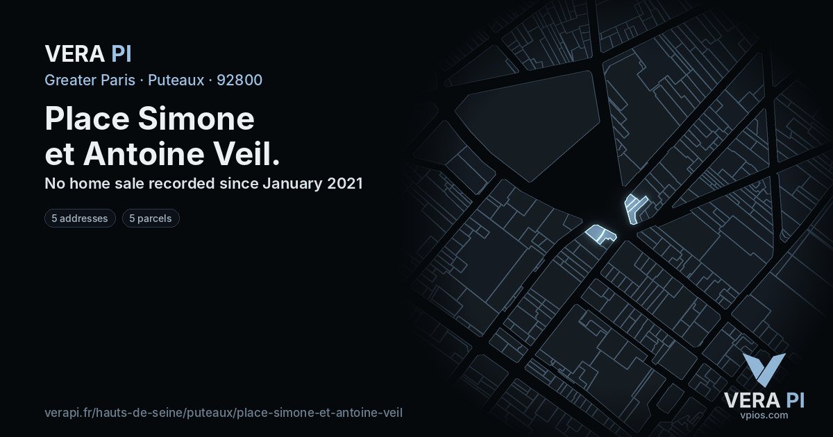 Place Simone et Antoine Veil, Puteaux at night – every parcel coloured by the prices around it, the street's own parcels lit