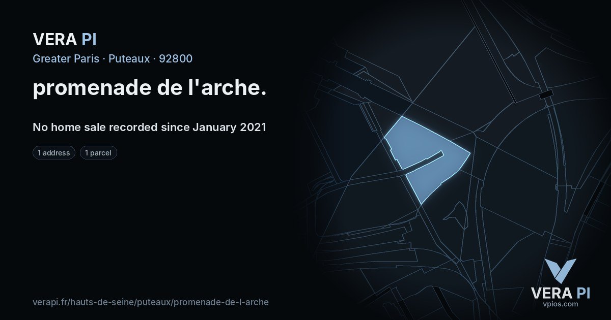 promenade de l'arche, Puteaux at night – every parcel coloured by the prices around it, the street's own parcels lit