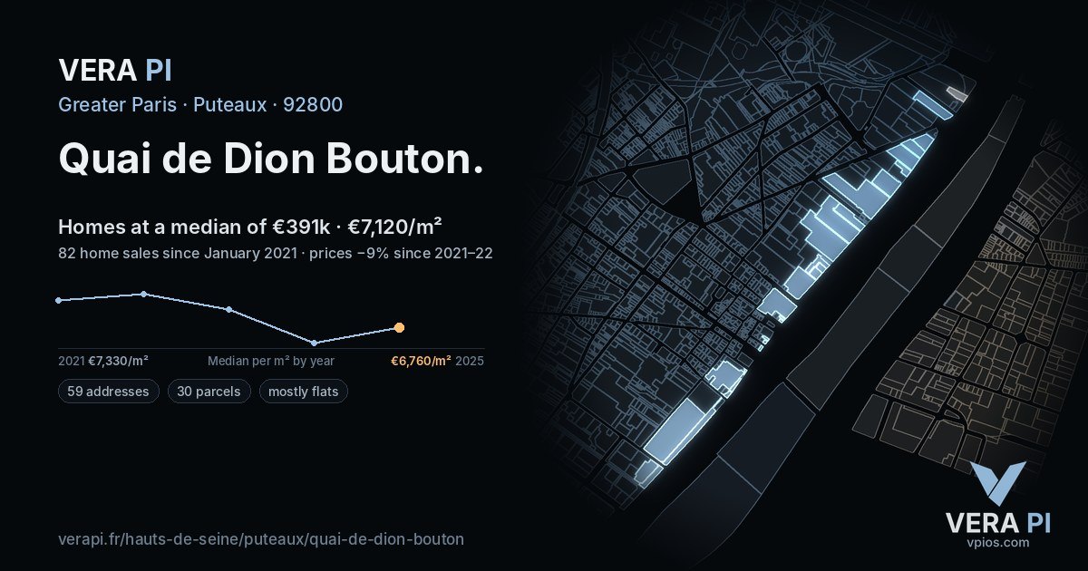 Quai de Dion Bouton, Puteaux at night – every parcel coloured by the prices around it, the street's own parcels lit