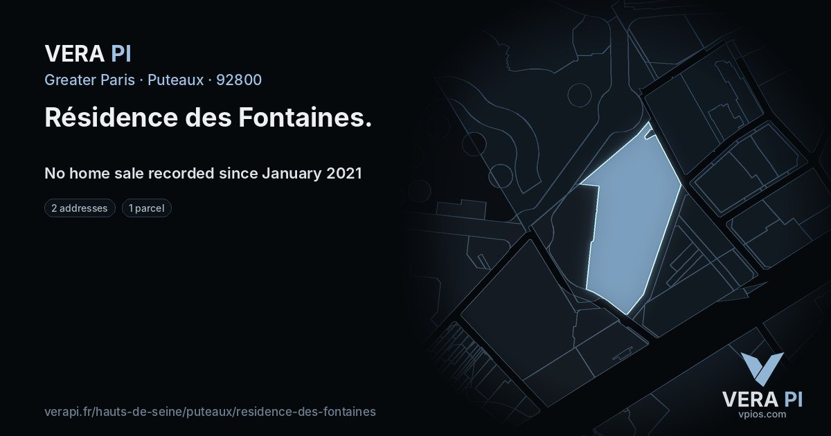 Résidence des Fontaines, Puteaux at night – every parcel coloured by the prices around it, the street's own parcels lit