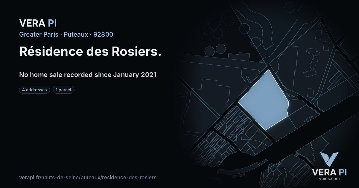 Résidence des Rosiers, Puteaux at night – every parcel coloured by the prices around it, the street's own parcels lit