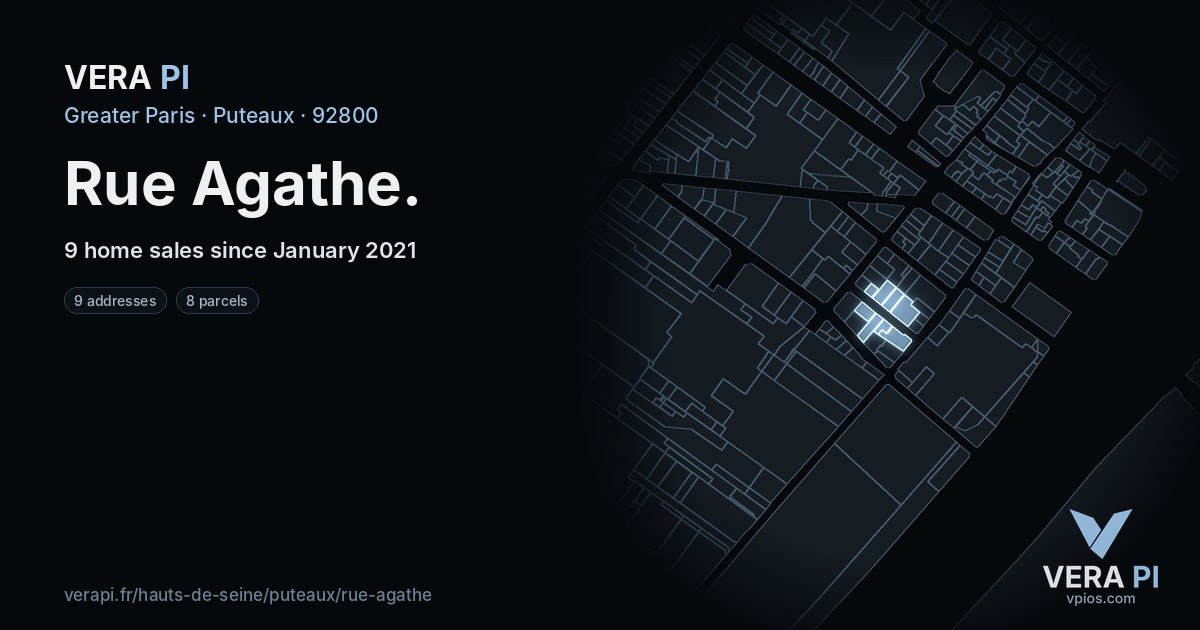 Rue Agathe, Puteaux at night – every parcel coloured by the prices around it, the street's own parcels lit