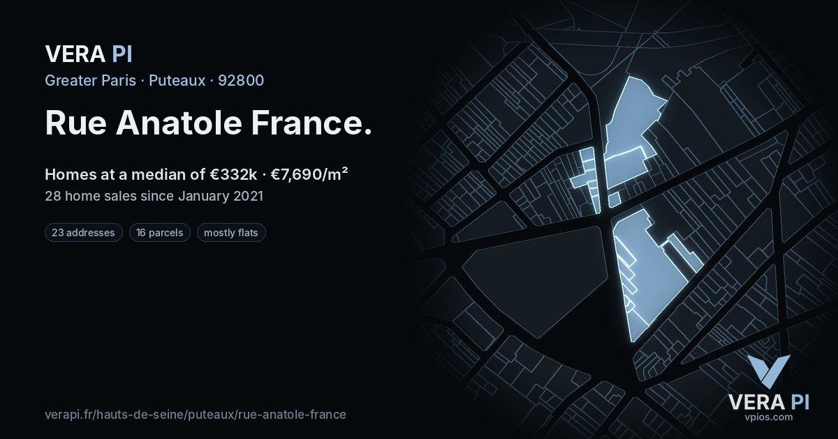 Rue Anatole France, Puteaux at night – every parcel coloured by the prices around it, the street's own parcels lit