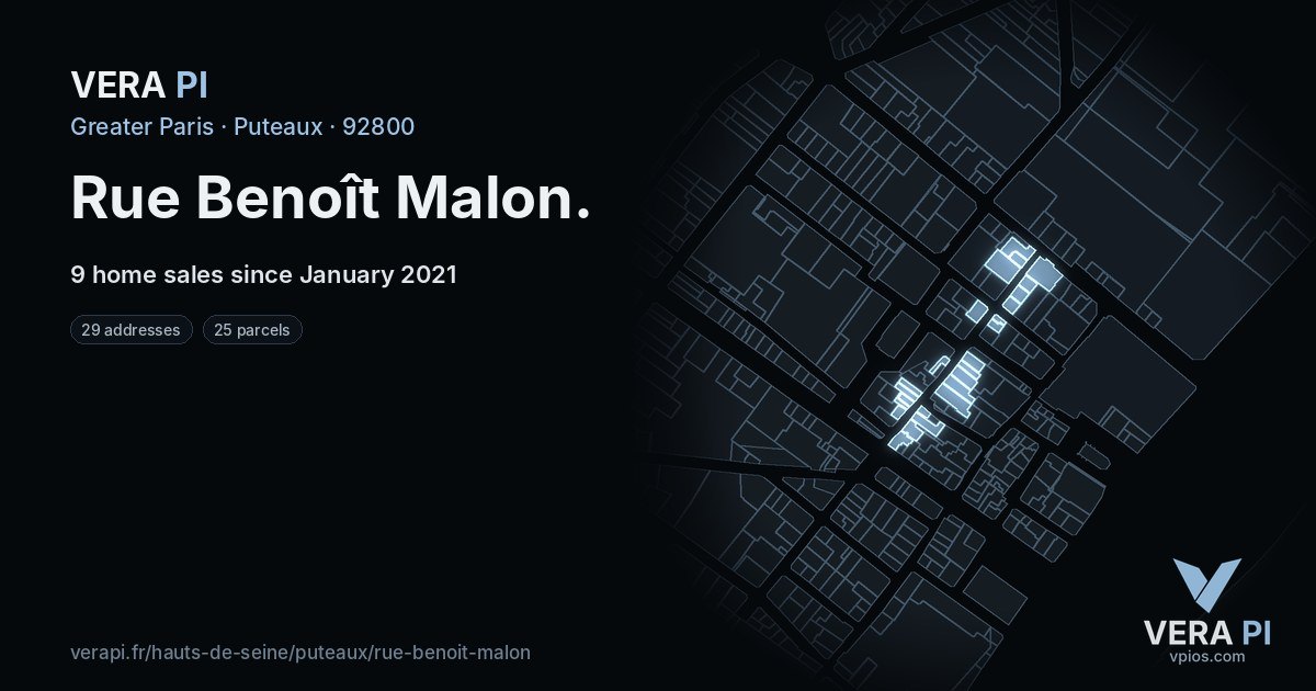 Rue Benoît Malon, Puteaux at night – every parcel coloured by the prices around it, the street's own parcels lit