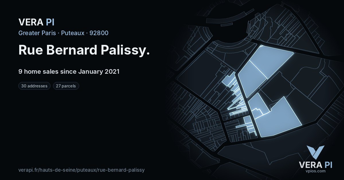 Rue Bernard Palissy, Puteaux at night – every parcel coloured by the prices around it, the street's own parcels lit