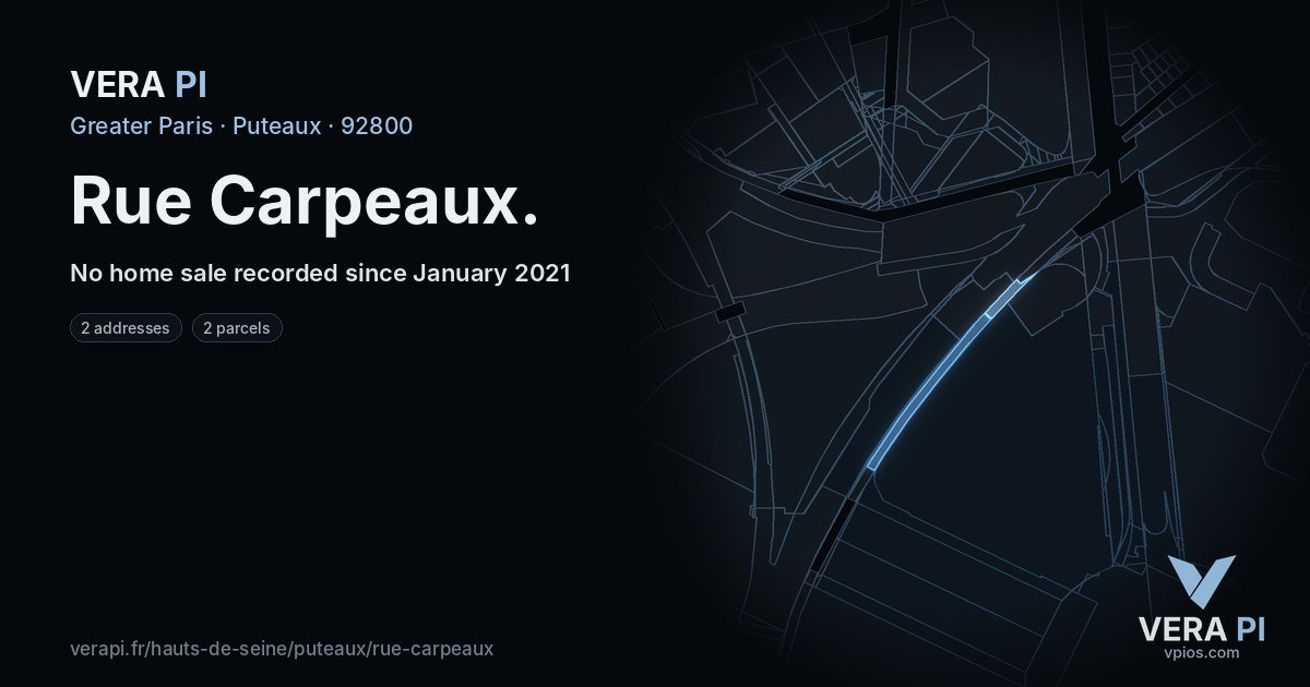 Rue Carpeaux, Puteaux at night – every parcel coloured by the prices around it, the street's own parcels lit