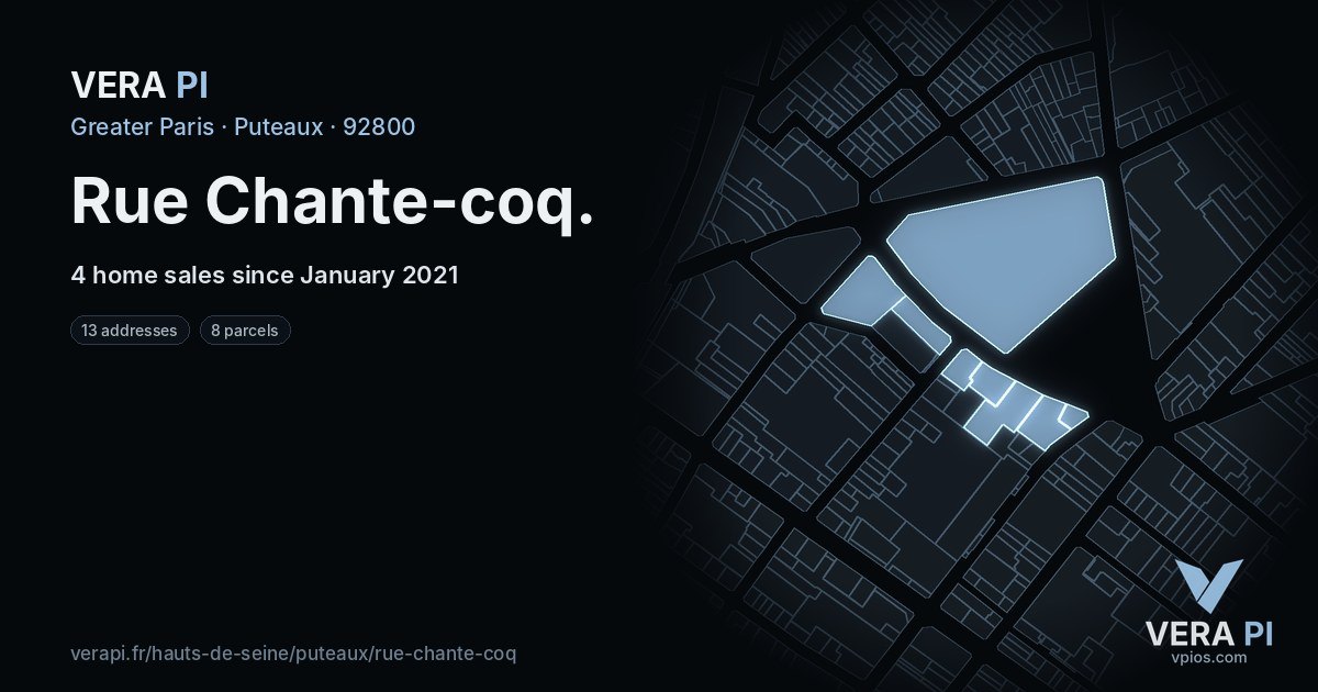 Rue Chante-coq, Puteaux at night – every parcel coloured by the prices around it, the street's own parcels lit