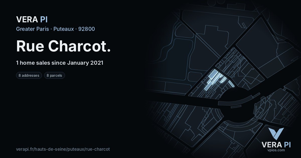 Rue Charcot, Puteaux at night – every parcel coloured by the prices around it, the street's own parcels lit