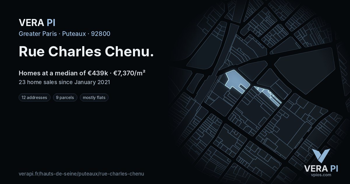 Rue Charles Chenu, Puteaux at night – every parcel coloured by the prices around it, the street's own parcels lit