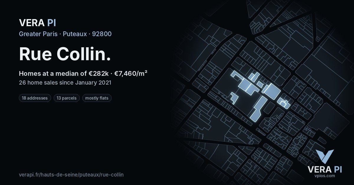 Rue Collin, Puteaux at night – every parcel coloured by the prices around it, the street's own parcels lit