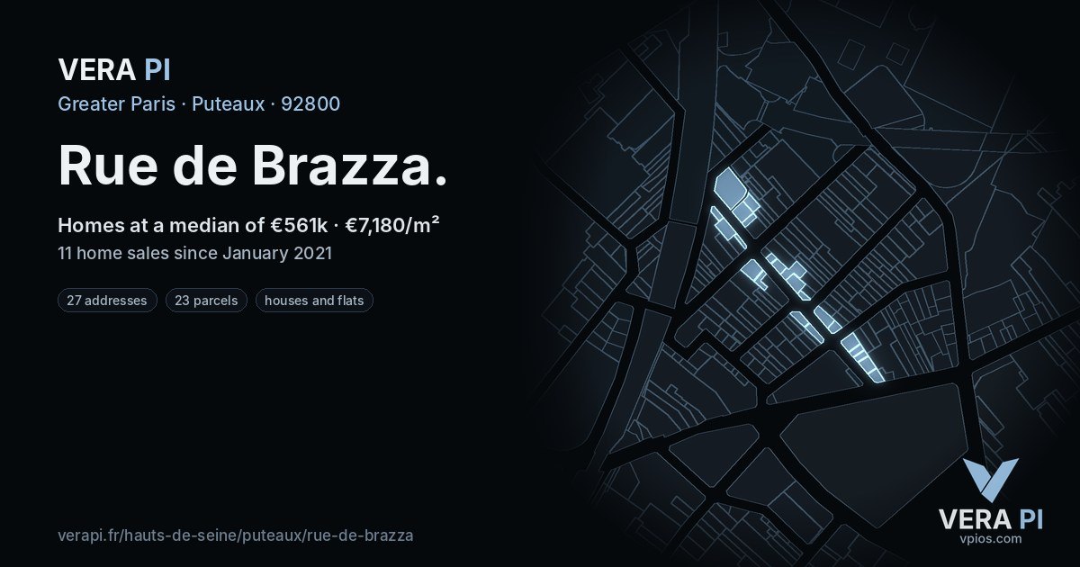 Rue de Brazza, Puteaux at night – every parcel coloured by the prices around it, the street's own parcels lit