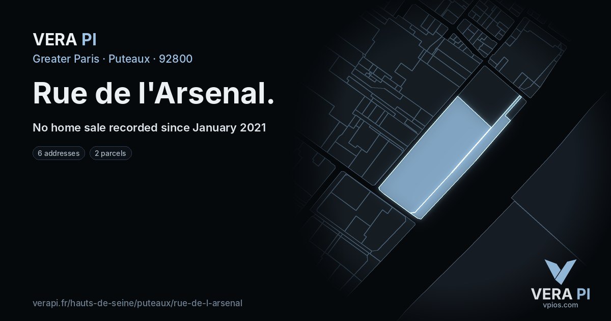 Rue de l'Arsenal, Puteaux at night – every parcel coloured by the prices around it, the street's own parcels lit