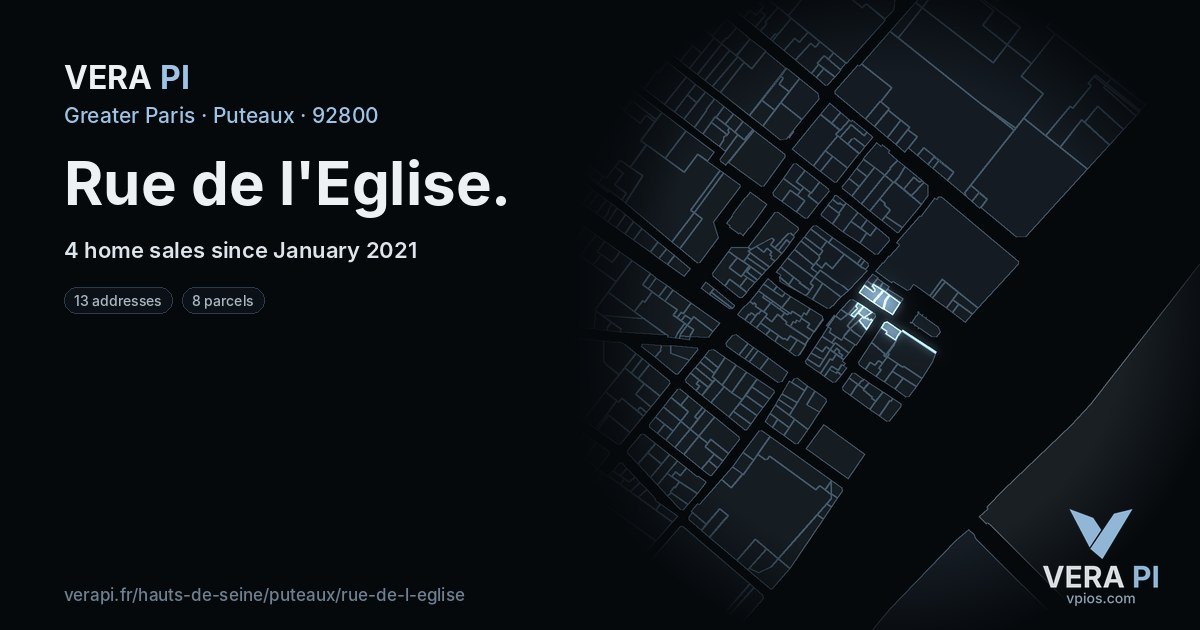 Rue de l'Eglise, Puteaux at night – every parcel coloured by the prices around it, the street's own parcels lit