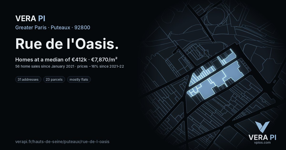 Rue de l'Oasis, Puteaux at night – every parcel coloured by the prices around it, the street's own parcels lit