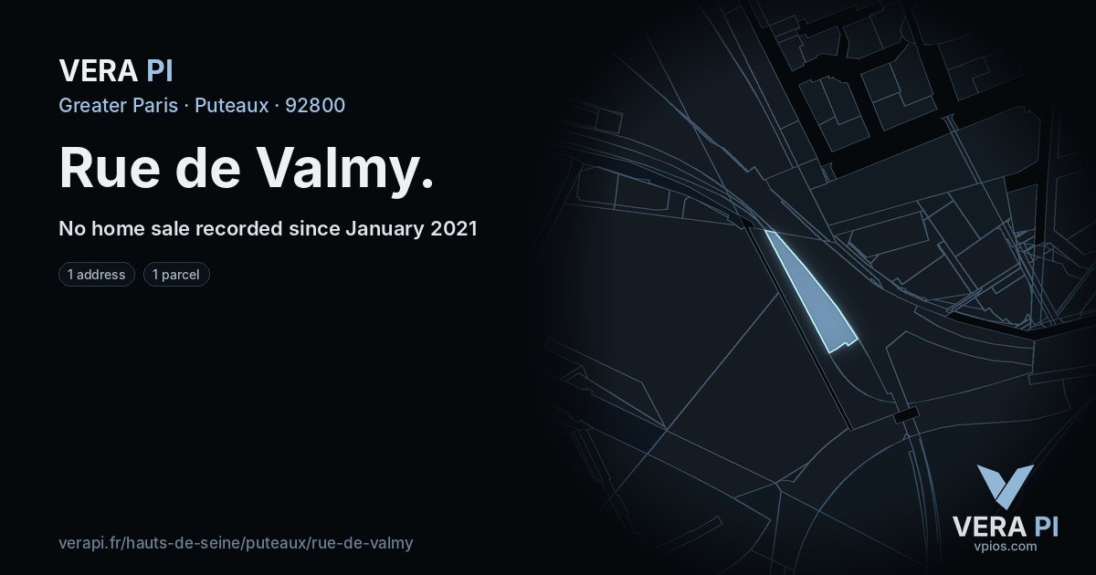 Rue de Valmy, Puteaux at night – every parcel coloured by the prices around it, the street's own parcels lit