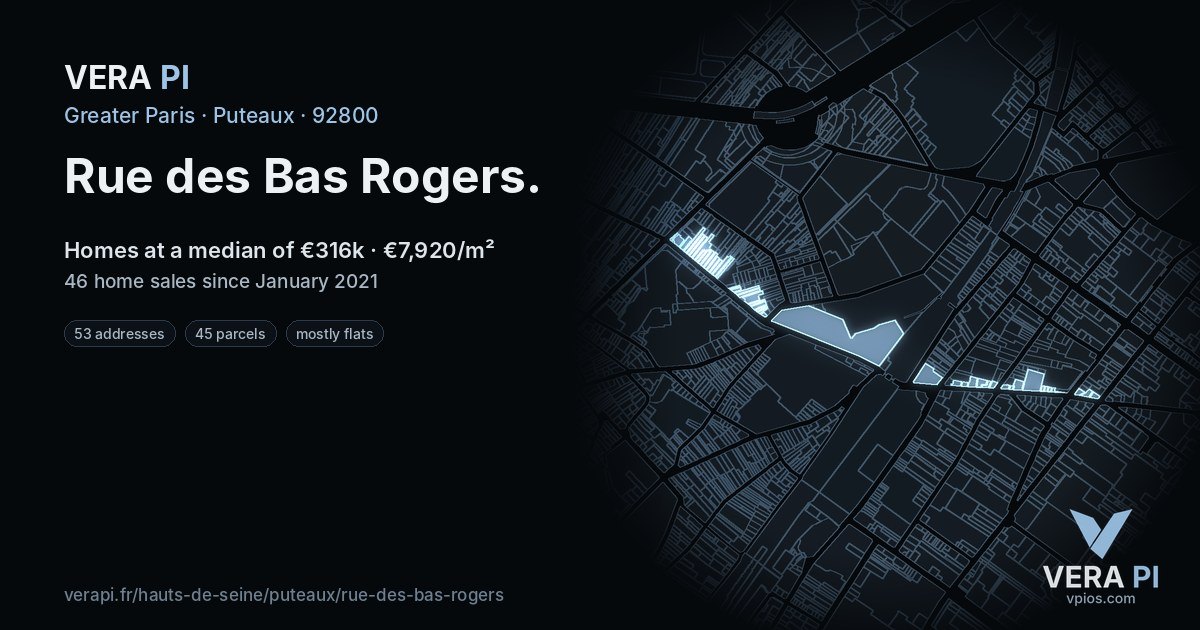 Rue des Bas Rogers, Puteaux at night – every parcel coloured by the prices around it, the street's own parcels lit