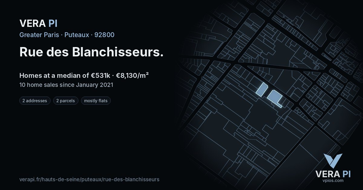 Rue des Blanchisseurs, Puteaux at night – every parcel coloured by the prices around it, the street's own parcels lit