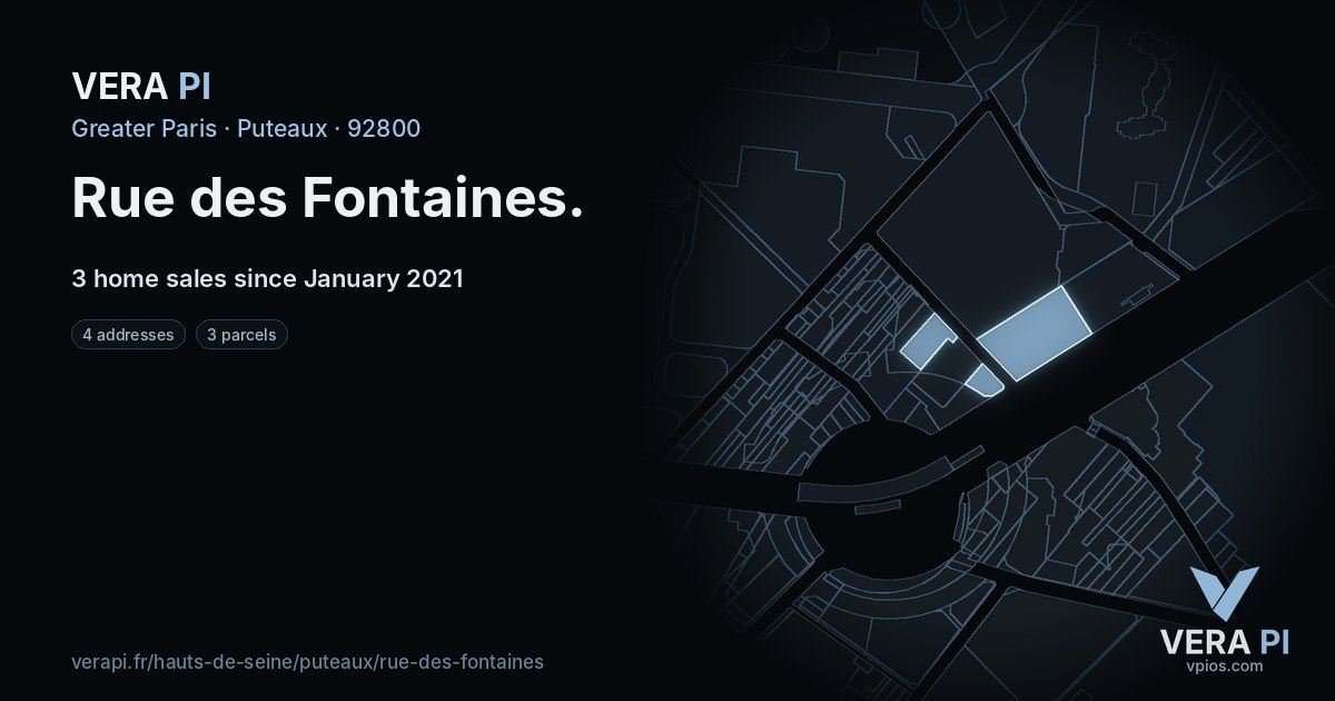 Rue des Fontaines, Puteaux at night – every parcel coloured by the prices around it, the street's own parcels lit