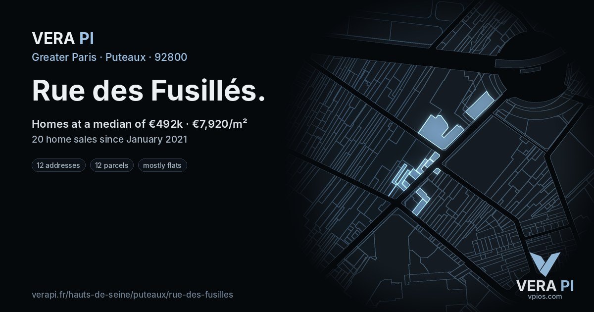 Rue des Fusillés, Puteaux at night – every parcel coloured by the prices around it, the street's own parcels lit