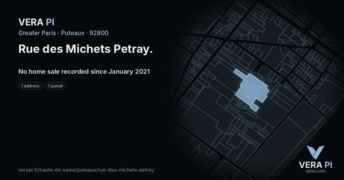 Rue des Michets Petray, Puteaux at night – every parcel coloured by the prices around it, the street's own parcels lit