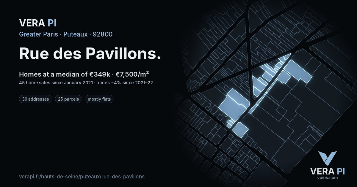 Rue des Pavillons, Puteaux at night – every parcel coloured by the prices around it, the street's own parcels lit