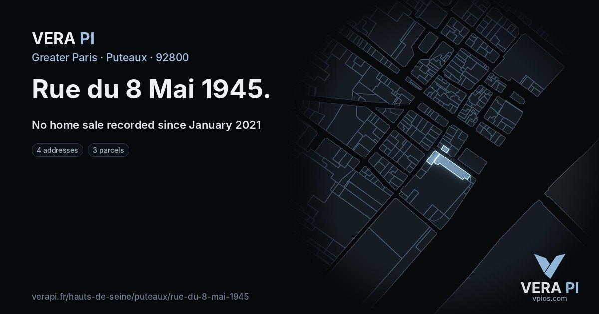 Rue du 8 Mai 1945, Puteaux at night – every parcel coloured by the prices around it, the street's own parcels lit