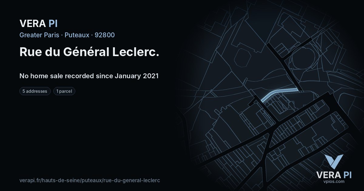 Rue du Général Leclerc, Puteaux at night – every parcel coloured by the prices around it, the street's own parcels lit