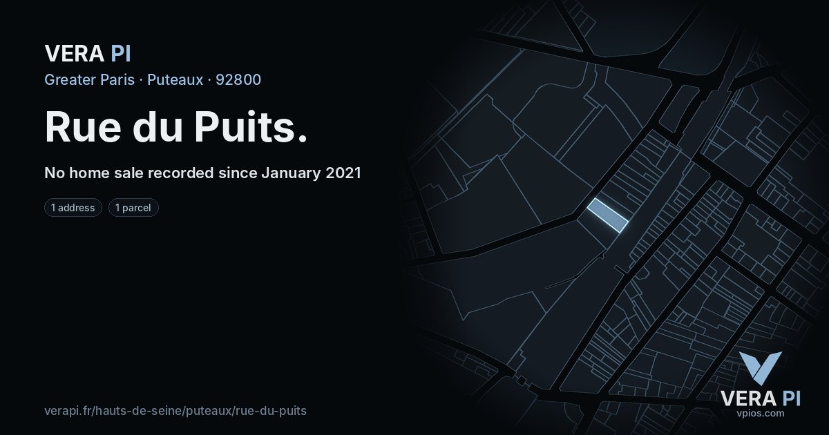 Rue du Puits, Puteaux at night – every parcel coloured by the prices around it, the street's own parcels lit