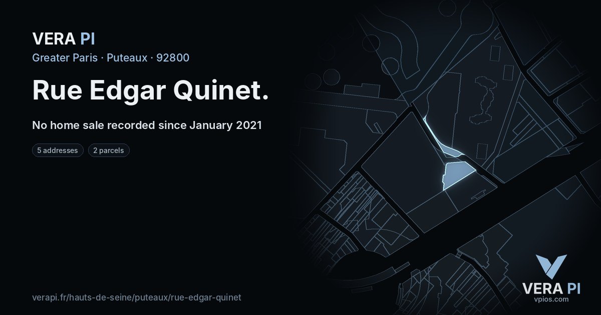 Rue Edgar Quinet, Puteaux at night – every parcel coloured by the prices around it, the street's own parcels lit