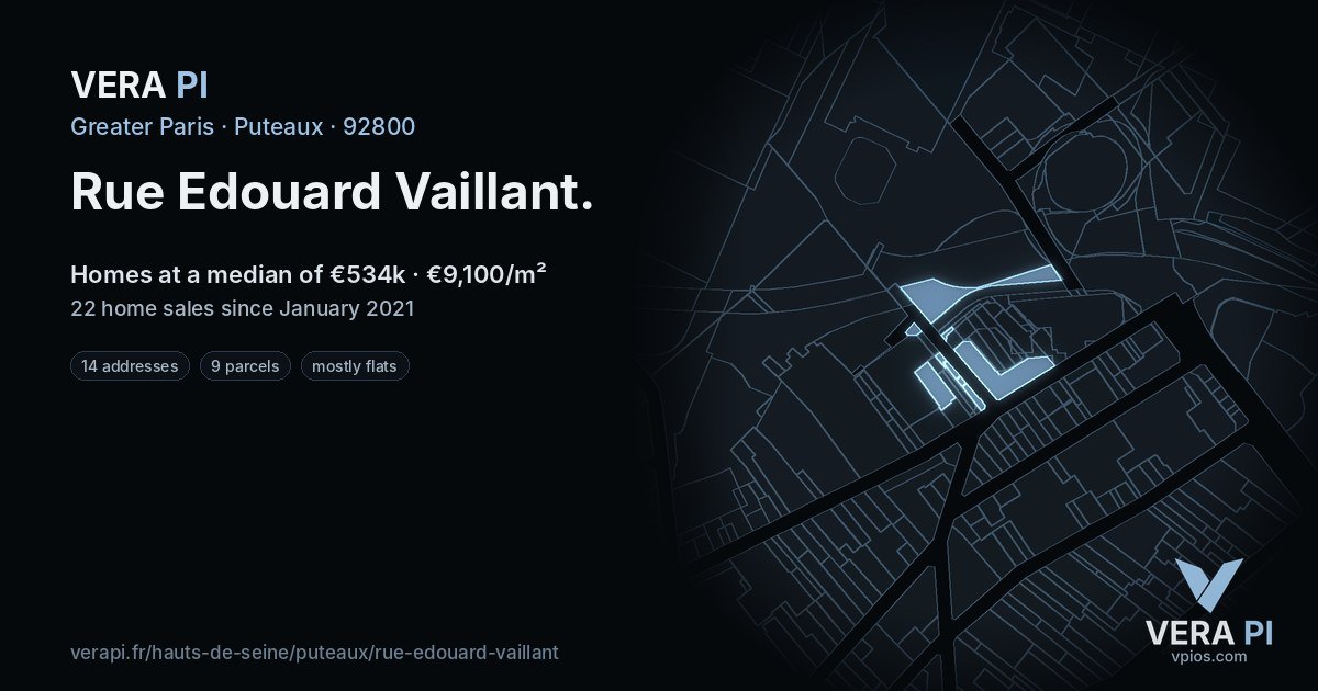 Rue Edouard Vaillant, Puteaux at night – every parcel coloured by the prices around it, the street's own parcels lit