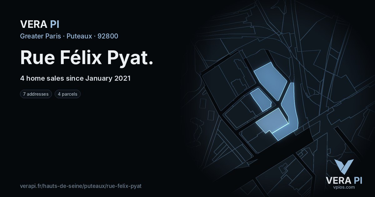 Rue Félix Pyat, Puteaux at night – every parcel coloured by the prices around it, the street's own parcels lit