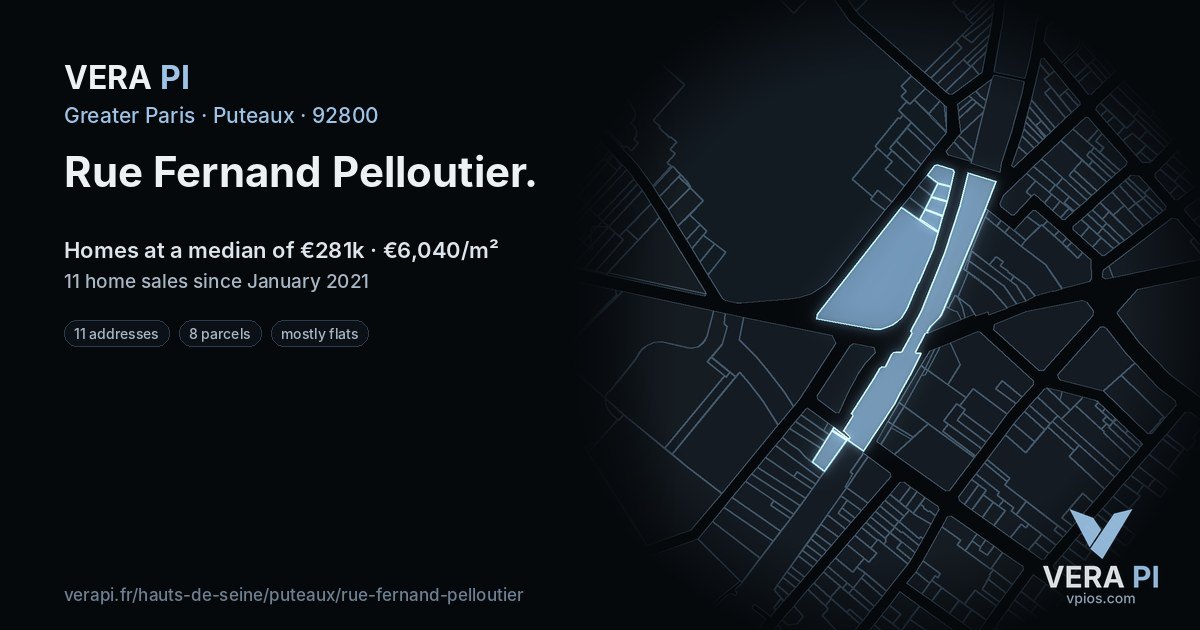 Rue Fernand Pelloutier, Puteaux at night – every parcel coloured by the prices around it, the street's own parcels lit