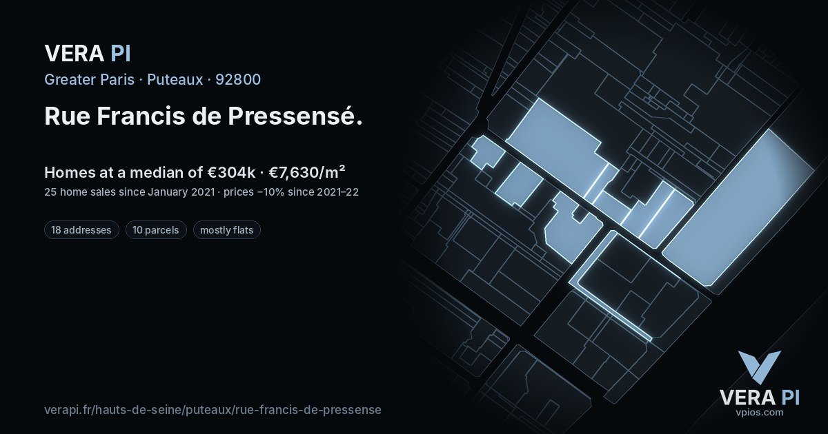 Rue Francis de Pressensé, Puteaux at night – every parcel coloured by the prices around it, the street's own parcels lit