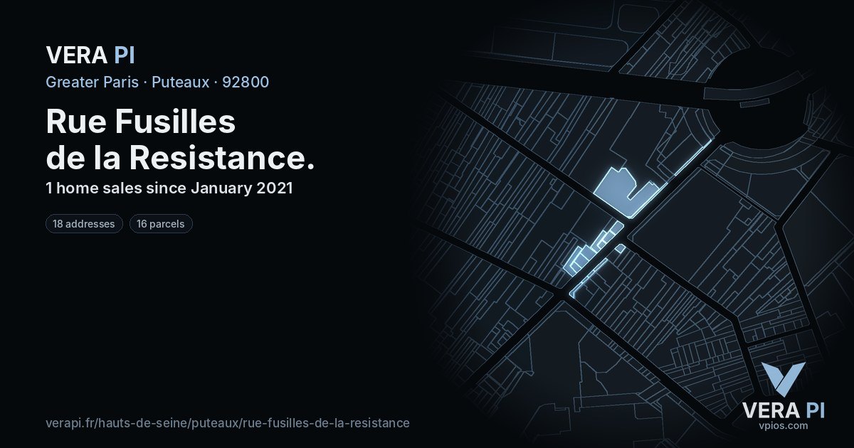 Rue Fusilles de la Resistance, Puteaux at night – every parcel coloured by the prices around it, the street's own parcels lit