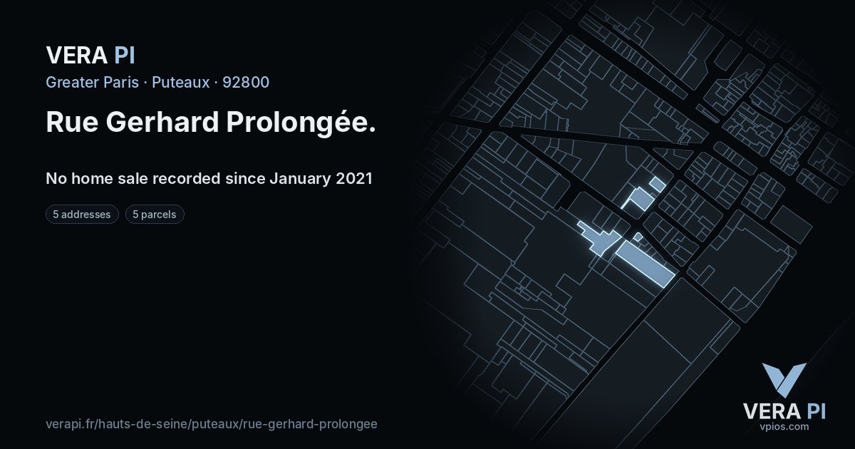 Rue Gerhard Prolongée, Puteaux at night – every parcel coloured by the prices around it, the street's own parcels lit