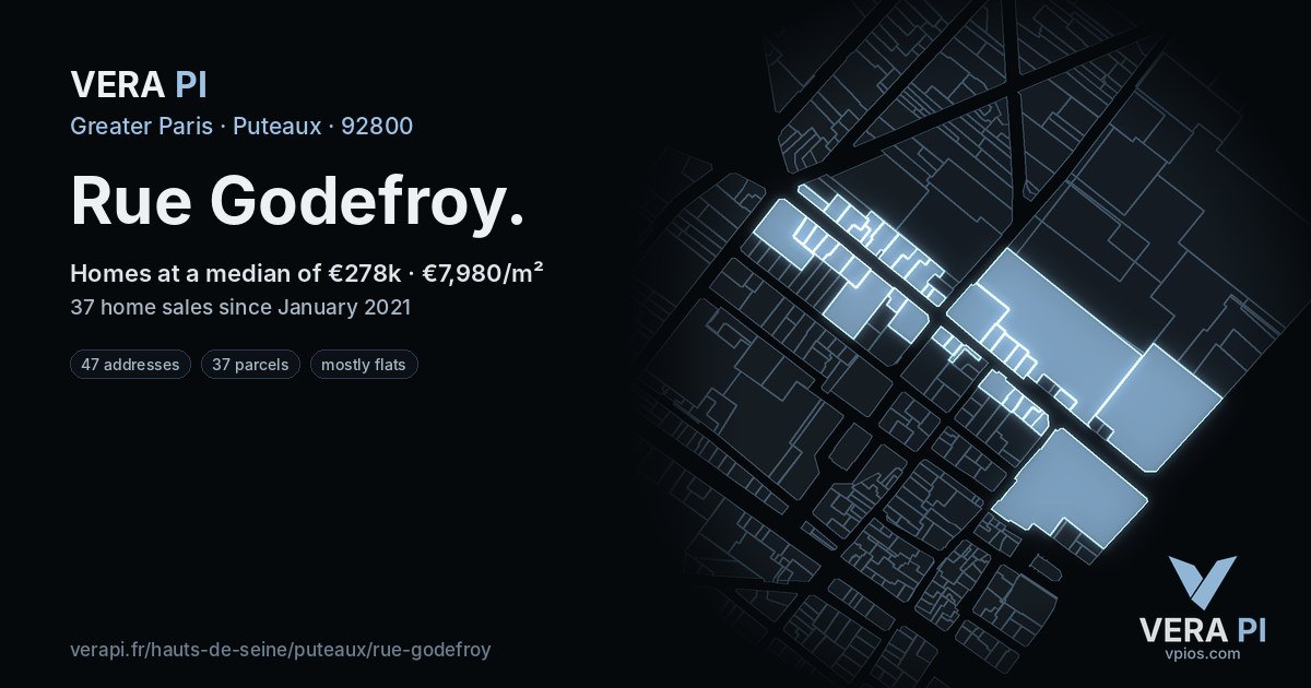 Rue Godefroy, Puteaux at night – every parcel coloured by the prices around it, the street's own parcels lit