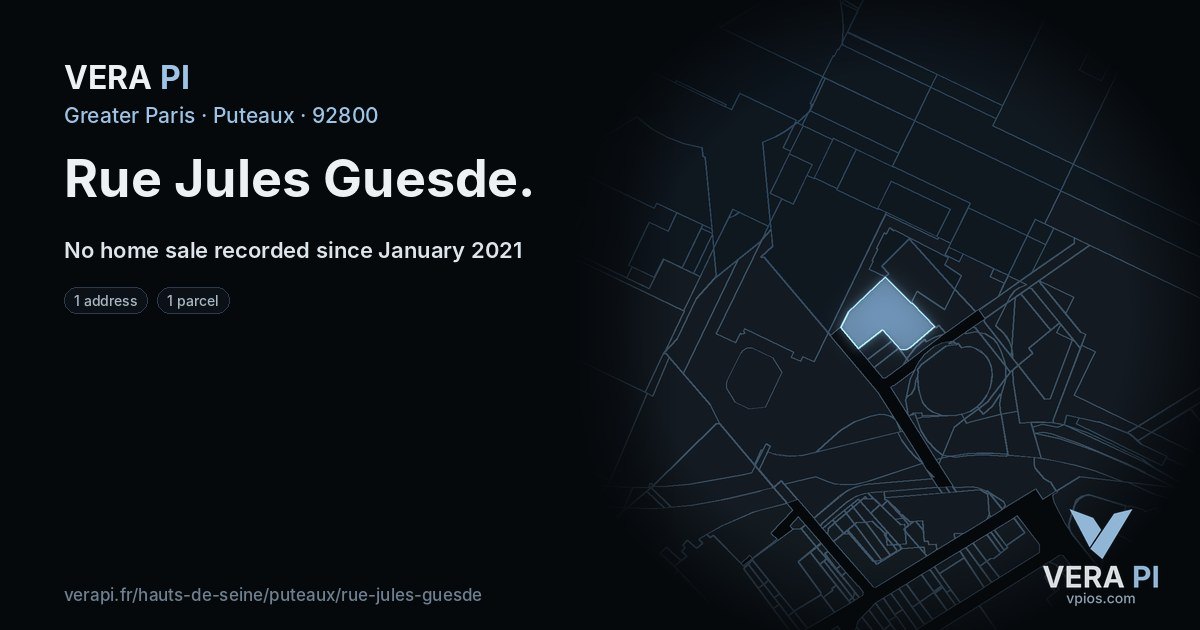 Rue Jules Guesde, Puteaux at night – every parcel coloured by the prices around it, the street's own parcels lit