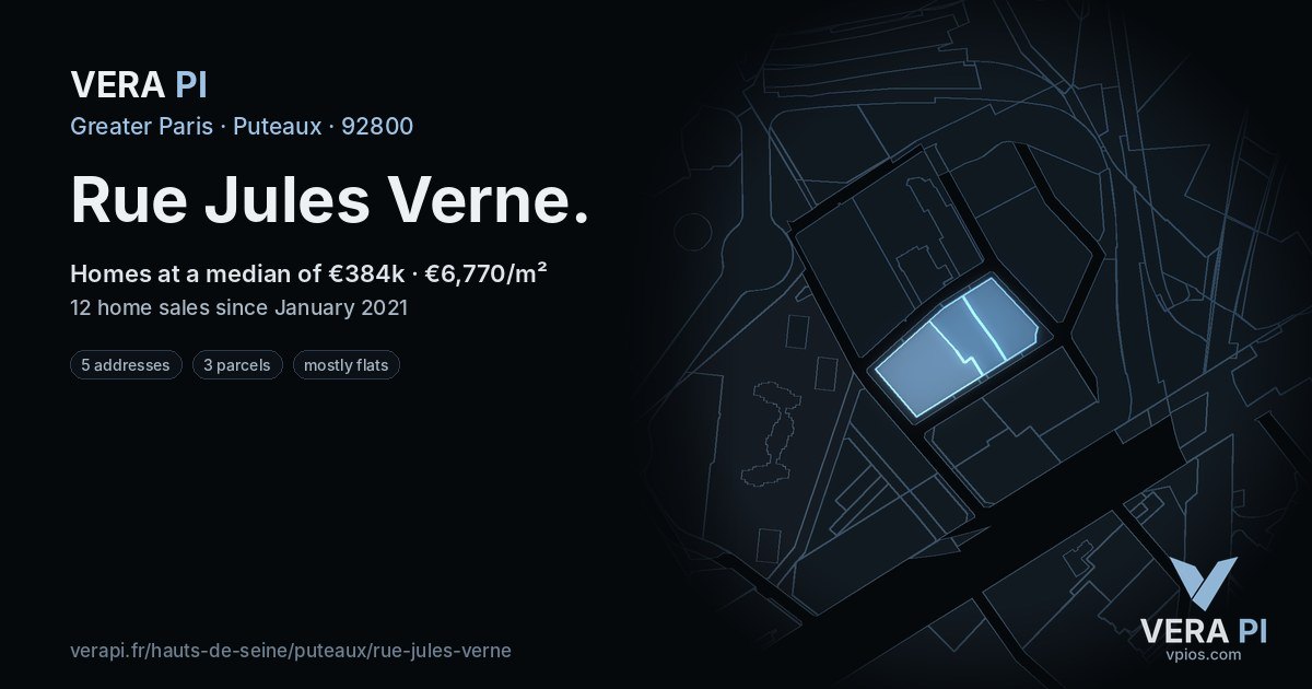 Rue Jules Verne, Puteaux at night – every parcel coloured by the prices around it, the street's own parcels lit