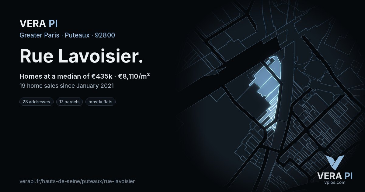 Rue Lavoisier, Puteaux at night – every parcel coloured by the prices around it, the street's own parcels lit